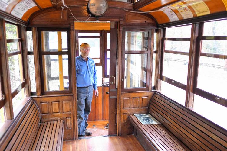 Shelburne Falls Trolley Museum President Sam Bartlett inside Trolley No. 10.