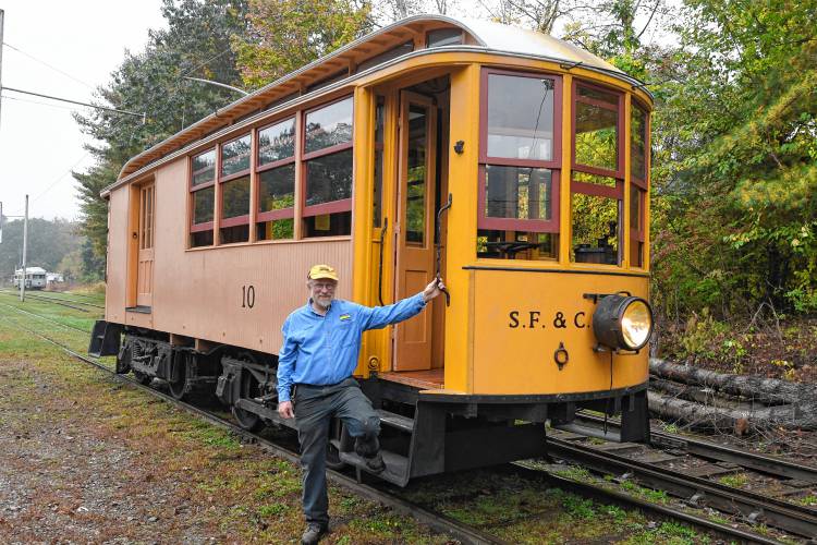 Shelburne Falls Trolley Museum President Sam Bartlett with Trolley No. 10. The museum received $10,000 to renovate a section of railway track; replace all ties and timbers; remove the old ballast and replace it with new ballast; and raise, level and align the railway structure for smoother, safer operation.