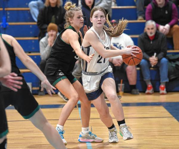 Franklin Tech’s Hannah Gilbert is defended by Greenfield’s Gloria McDonald earlier this week in Turners Falls. Franklin Tech’s Hannah Gilbert is defended by Greenfield’s Gloria McDonald earlier this week in Turners Falls.