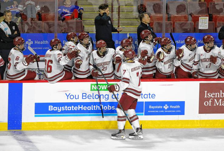 UMass celebrates after a goal by Samuli Niinisaari (7) against AIC in the first period earlier this season at the Mullins Center in Amherst. UMass celebrates after a goal by Samuli Niinisaari (7) against AIC in the first period earlier this season at the Mullins Center in Amherst.