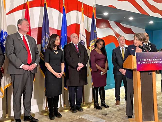 Gov. Maura Healey announced a $20 million campaign to end veteran homelessness at the New England Center and home for Veterans in downtown Boston on Tuesday. She was joined by Housing and Livable Communities Secretary Ed Augustus, Boston Mayor Michelle Wu, Boston City Councilor Ed Flynn, Sen. Lydia Edwards, Congressman Stephen Lynch, and Secretary of Veterans Services Jon Santiago. Gov. Maura Healey announced a $20 million campaign to end veteran homelessness at the New England Center and home for Veterans in downtown Boston on Tuesday. She was joined by Housing and Livable Communities Secretary Ed Augustus, Boston Mayor Michelle Wu, Boston City Councilor Ed Flynn, Sen. Lydia Edwards, Congressman Stephen Lynch, and Secretary of Veterans Services Jon Santiago.