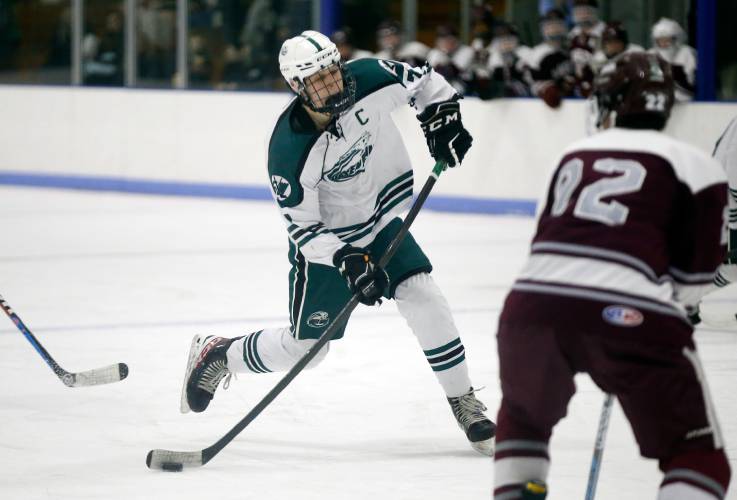 Greenfield’s Hunter Smith (7) fires a shot against Easthampton this past season at Collins-Moylan Arena in Greenfield. Greenfield’s Hunter Smith (7) fires a shot against Easthampton this past season at Collins-Moylan Arena in Greenfield.