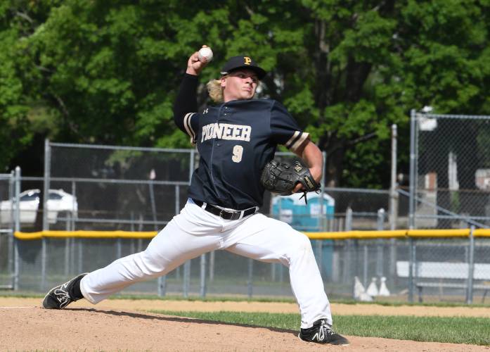 Pioneer’s Ethan Quinn pitches against Hopkins in the MIAA Div. 5 semifinal at MacKenzie Stadium in Holyoke last year. Pioneer’s Ethan Quinn pitches against Hopkins in the MIAA Div. 5 semifinal at MacKenzie Stadium in Holyoke last year.