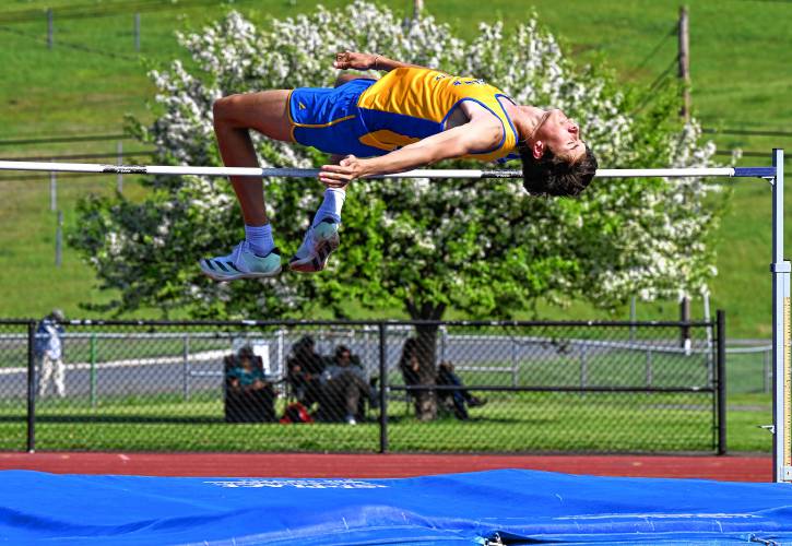Mohawk Trail’s Chay Mojallali competes in the high jump in a meet against Athol in Buckland on Tuesday. 