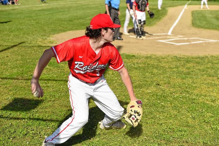 Hampshire pitcher Will Hogan tracks down an overthrown ball and fires it back toward second base against Frontier during the Western Mass. Class B quarterfinal round on Monday at Earl Tonet Field in Westhampton.
