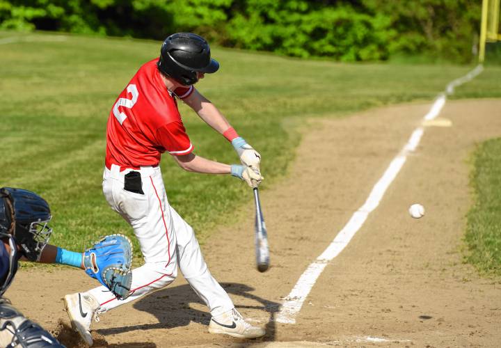 Hampshire’s Liam Pond (2) gets his bat on the ball against Frontier during the Western Mass. Class B quarterfinal round on Monday at Earl Tonet Field in Westhampton.