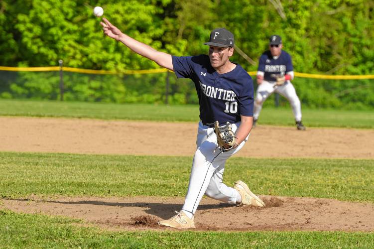 Frontier’s Tyler Cusson delivers a pitch during the Western Mass. Class B quarterfinal round against Hampshire on Monday at Earl Tonet Field in Westhampton.