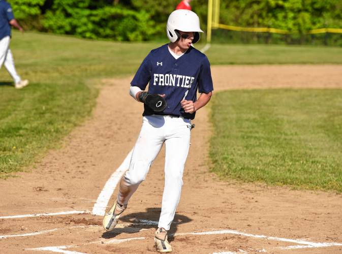 Frontier’s Nico Fasulo (1) scores a run against Hampshire in the first inning during the Western Mass. Class B quarterfinal round on Monday at Earl Tonet Field in Westhampton.