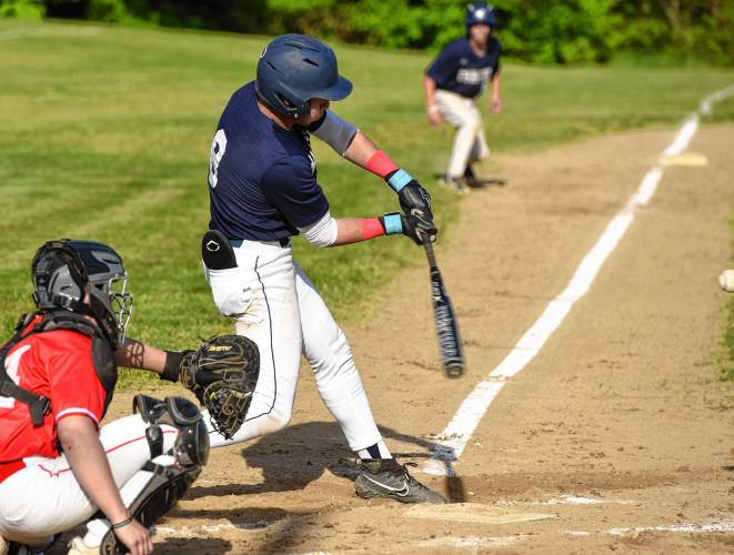 Frontier’s Rosco Palmer (8) takes a cut against Hampshire during the Western Mass. Class B quarterfinal round on Monday at Earl Tonet Field in Westhampton.