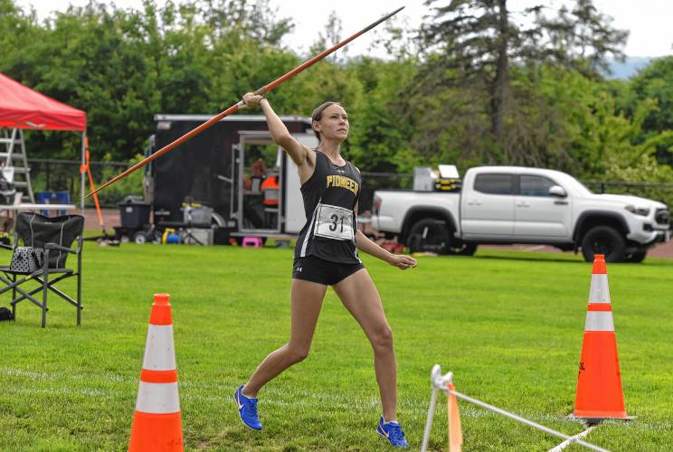 Pioneer’s Louise Flagollet competes in the javelin during the MSTCA West Heptathlon/Decathlon on Tuesday at Frontier Regional School in South Deerfield.