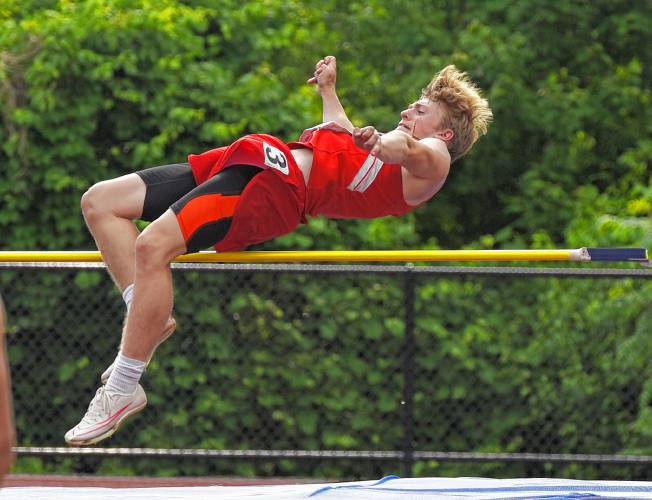 Frontier’s Jack Storm competes in the high jump during the MSTCA West Heptathlon/Decathlon on Tuesday at Frontier Regional School in South Deerfield.