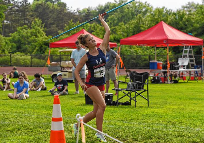 Mahar’s Stellina Moore throws the javelin during the MSTCA West Heptathlon/Decathlon on Tuesday at Frontier Regional School in South Deerfield.