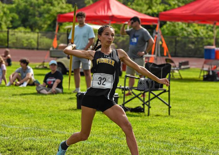 Pioneer’s Sahana Heilman throws the javelin during the MSTCA West Heptathlon/Decathlon on Tuesday at Frontier Regional School in South Deerfield.