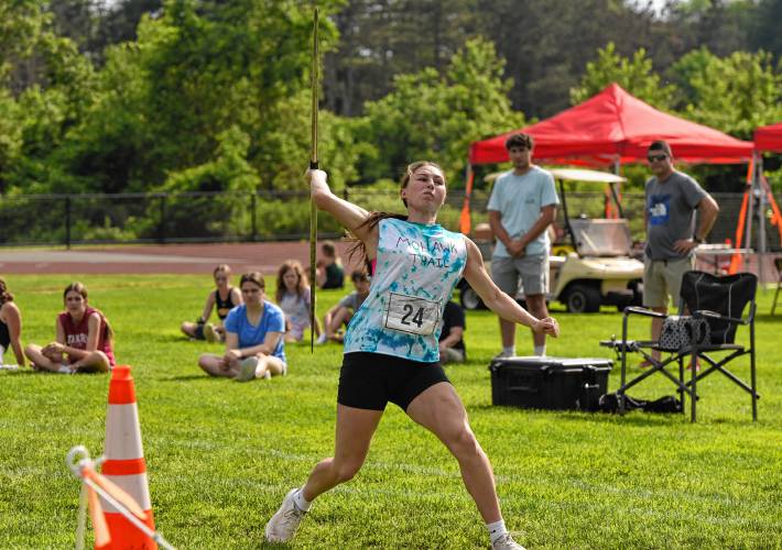 Mohawk Trail’s Emmy Sisum throws the javelin during the MSTCA West Heptathlon/Decathlon on Tuesday at Frontier Regional School in South Deerfield.