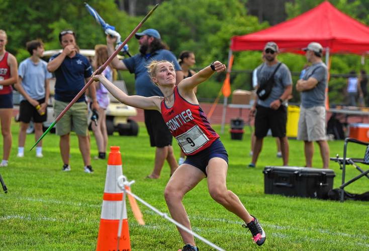 Frontier’s Hannah Davis competes in the javelin during the MSTCA West Heptathlon/Decathlon on Tuesday at Frontier Regional School in South Deerfield.