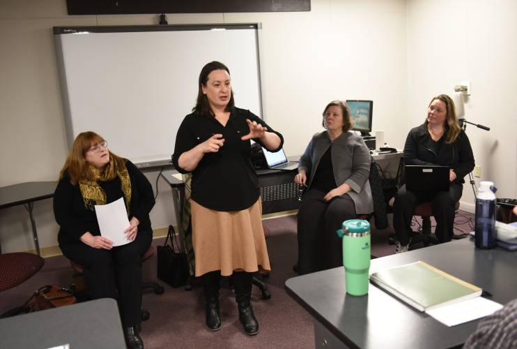 From left, Rep. Susannah Whipps, Rep. Lindsay Sabadosa, Sen. Jo Comerford and Rep. Natalie Blais during a legislative panel discussion on health care at a nursing class at Greenfield Community College in February. Two bills presented by Sabadosa that passed last week will support families who have experienced pregnancy loss by adding paid pregnancy loss leave to the Massachusetts Earned Sick Time Law and establishing a public information campaign for awareness and treatment options for pregnancy loss. From left, Rep. Susannah Whipps, Rep. Lindsay Sabadosa, Sen. Jo Comerford and Rep. Natalie Blais during a legislative panel discussion on health care at a nursing class at Greenfield Community College in February. Two bills presented by Sabadosa that passed last week will support families who have experienced pregnancy loss by adding paid pregnancy loss leave to the Massachusetts Earned Sick Time Law and establishing a public information campaign for awareness and treatment options for pregnancy loss.