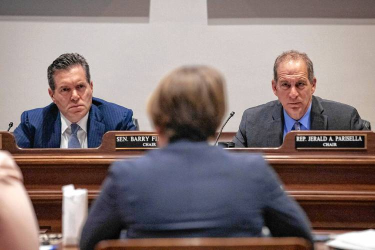 Sen. Barry Finegold and Rep. Jerald Parisella, co-chairs of the Joint Committee on Economic Development, listen to testimony from Gov. Maura Healey on May 7. Sen. Barry Finegold and Rep. Jerald Parisella, co-chairs of the Joint Committee on Economic Development, listen to testimony from Gov. Maura Healey on May 7.