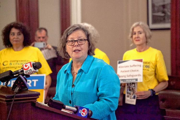 Sen. Jo Comerford, D-Northampton, speaks at a Wednesday event highlighting legislation that would authorize medical aid in dying in Massachusetts. Sen. Jo Comerford, D-Northampton, speaks at a Wednesday event highlighting legislation that would authorize medical aid in dying in Massachusetts.
