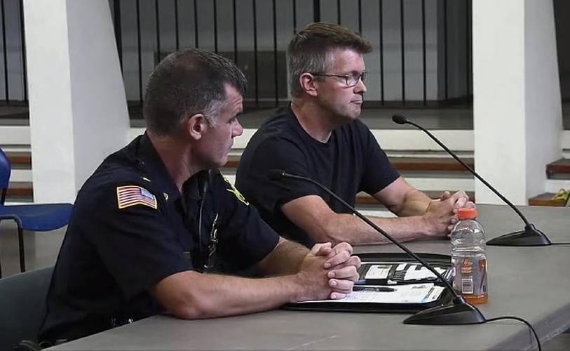 Deerfield Police Chief John Paciorek Jr. and Steve Schechterle, owner of The Spirit Shoppe, speak at the Deerfield Selectboard meeting on Wednesday. Deerfield Police Chief John Paciorek Jr. and Steve Schechterle, owner of The Spirit Shoppe, speak at the Deerfield Selectboard meeting on Wednesday.