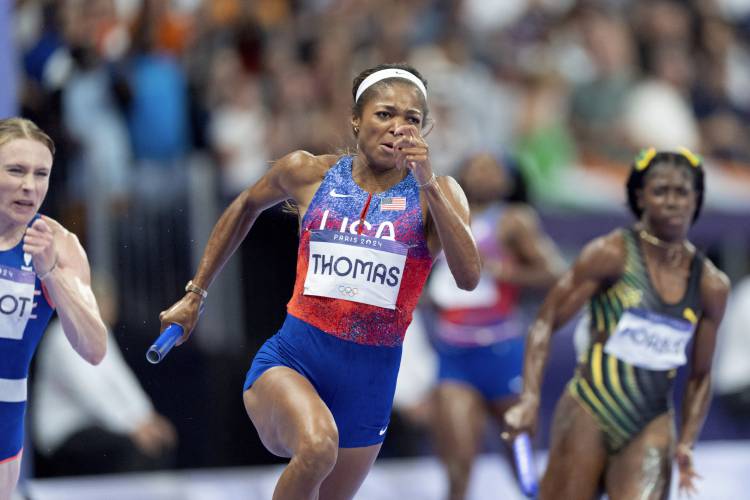 Florence’s Gabby Thomas, shown here during the 4x100 meter relay on Friday, ran a leg on the winning 4x400 relay team Saturday at the 2024 Summer Olympic in Saint-Denis, France. Thomas finishes her Olympics with three gold medals. Florence’s Gabby Thomas, shown here during the 4x100 meter relay on Friday, ran a leg on the winning 4x400 relay team Saturday at the 2024 Summer Olympic in Saint-Denis, France. Thomas finishes her Olympics with three gold medals.