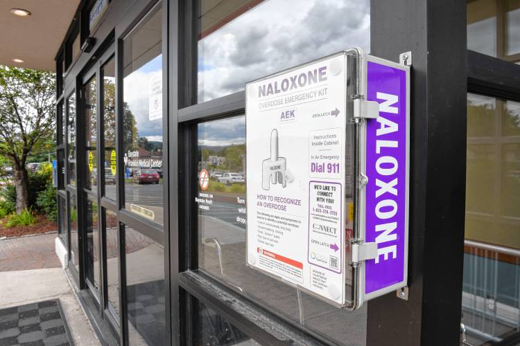 Two naloxone stations with free doses of the overdose reversal drug will soon be coming to Shelburne as part of regional efforts to reduce opioid deaths. A naloxone box at Baystate Franklin Medical Center in Greenfield is pictured. Two naloxone stations with free doses of the overdose reversal drug will soon be coming to Shelburne as part of regional efforts to reduce opioid deaths. A naloxone box at Baystate Franklin Medical Center in Greenfield is pictured.