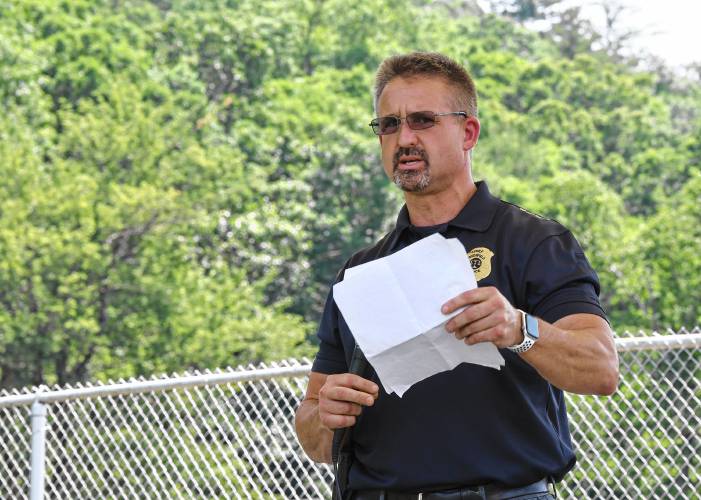 Greenfield Police Chief Todd Dodge speaks at the Juneteenth celebration at Beacon Field. Greenfield Police Chief Todd Dodge speaks at the Juneteenth celebration at Beacon Field.