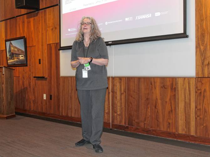 Debra McLaughlin, coordinator of the Opioid Task Force of Franklin County and the North Quabbin Region, speaks at the beginning of an event held at the John W. Olver Transit Center on Wednesday to share lessons learned from the 18-month participation in a HEALing Communities Study. Debra McLaughlin, coordinator of the Opioid Task Force of Franklin County and the North Quabbin Region, speaks at the beginning of an event held at the John W. Olver Transit Center on Wednesday to share lessons learned from the 18-month participation in a HEALing Communities Study.