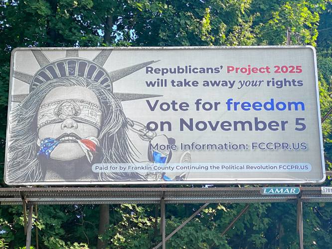 Franklin County Continuing the Political Revolution’s billboard at the corner of Bank Row, Deerfield Street and Mill Street in Greenfield. Franklin County Continuing the Political Revolution’s billboard at the corner of Bank Row, Deerfield Street and Mill Street in Greenfield.