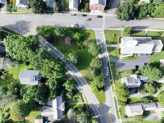 An aerial image of Montague Center. With a series of planned road improvements, town officials aim to address speeding, improve crosswalks, add bicycle lanes and increase accessibility in the village. An aerial image of Montague Center. With a series of planned road improvements, town officials aim to address speeding, improve crosswalks, add bicycle lanes and increase accessibility in the village.