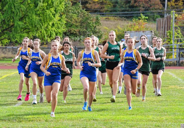 The start of the girls cross country meet between Mohawk, McCann and Greenfield at Mohawk Trail Regional School earlier this season. The start of the girls cross country meet between Mohawk, McCann and Greenfield at Mohawk Trail Regional School earlier this season.