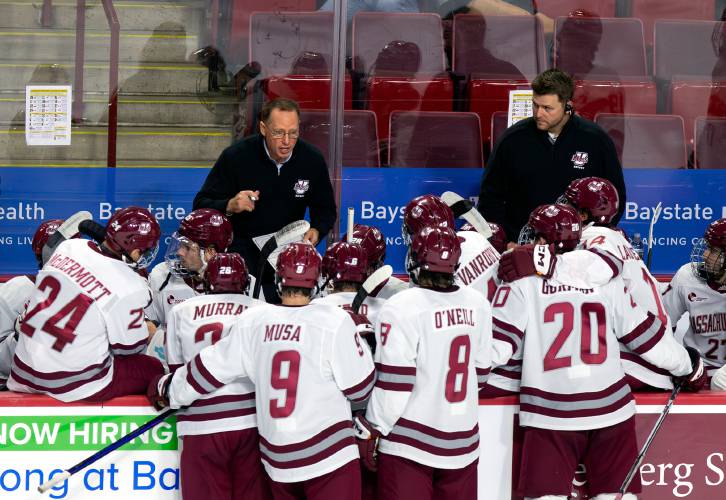UMass head coach Greg Carvel talks with his team in the first period against AIC last year at the Mullins Center in Amherst. UMass head coach Greg Carvel talks with his team in the first period against AIC last year at the Mullins Center in Amherst.