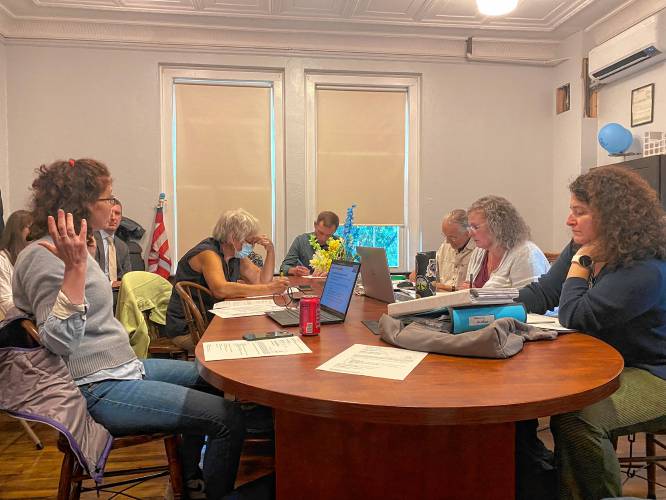 The Northfield Planning Board, pictured Tuesday, continued the public hearing for a proposed agrivoltaic solar array on Pine Meadow Road to Oct. 24. The Northfield Planning Board, pictured Tuesday, continued the public hearing for a proposed agrivoltaic solar array on Pine Meadow Road to Oct. 24.