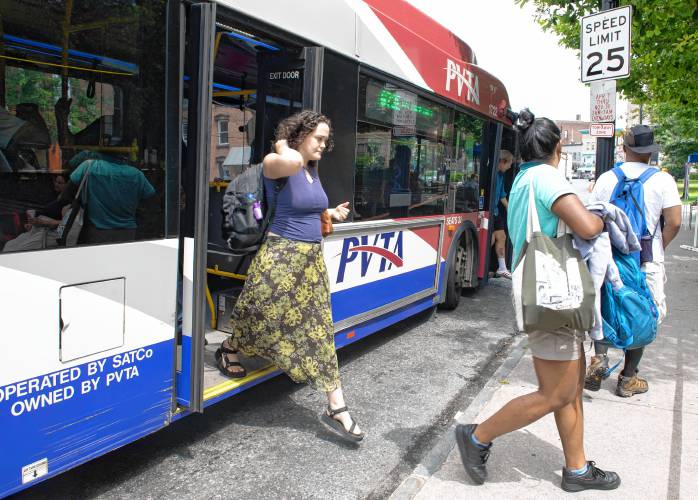 Riders get off a PVTA bus at the Pulaski Park stop on Main Street in Northampton. Riders get off a PVTA bus at the Pulaski Park stop on Main Street in Northampton.