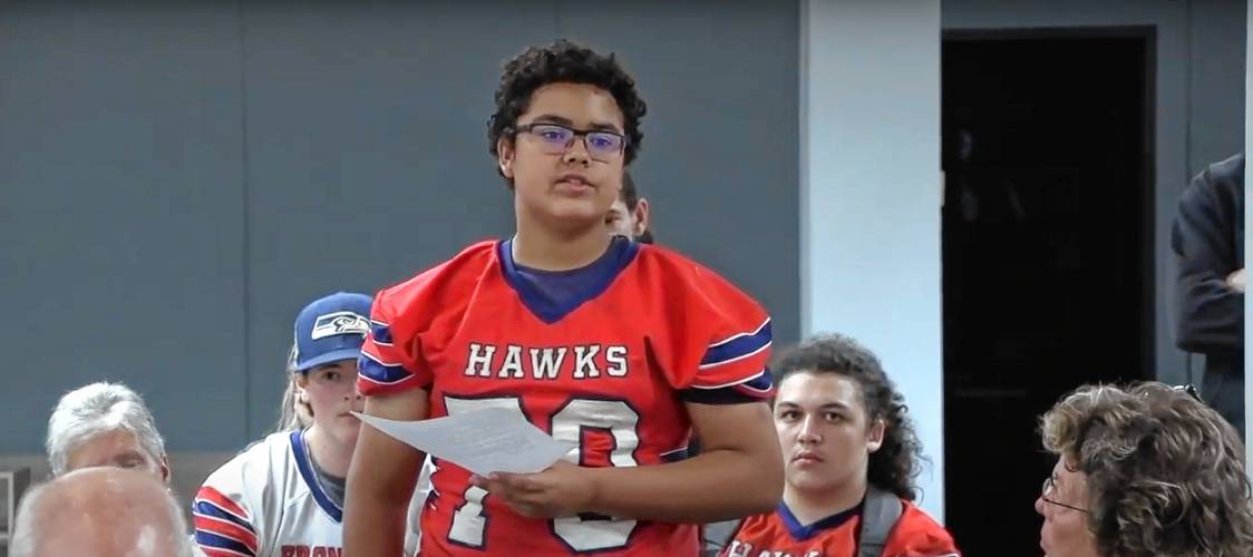 David Tuesca, a Frontier Regional School football player and homeschool student, was joined by more than a dozen other speakers urging the Frontier Regional School Committee to not adopt a policy change that would prevent homeschool students from participating in extracurricular activities at the school. David Tuesca, a Frontier Regional School football player and homeschool student, was joined by more than a dozen other speakers urging the Frontier Regional School Committee to not adopt a policy change that would prevent homeschool students from participating in extracurricular activities at the school.
