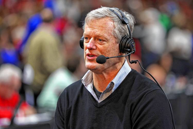 NCAA President Charlie Baker gives a television interview during a game between the UCLA Bruins and the South Carolina Gamecocks in the Sweet 16 round of the NCAA Women’s Basketball Tournament at Bon Secours Wellness Arena on March 25, 2023, in Greenville, South Carolina. NCAA President Charlie Baker gives a television interview during a game between the UCLA Bruins and the South Carolina Gamecocks in the Sweet 16 round of the NCAA Women’s Basketball Tournament at Bon Secours Wellness Arena on March 25, 2023, in Greenville, South Carolina.