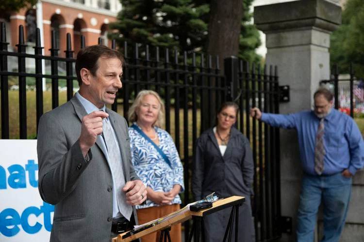 Toby Leary, a co-owner of Cape Gun Works in Hyannis and chair of the Civil Rights Coalition working to repeal a gun law Gov. Maura Healey signed in July, speaks with reporters outside the State House on Sept. 19. Toby Leary, a co-owner of Cape Gun Works in Hyannis and chair of the Civil Rights Coalition working to repeal a gun law Gov. Maura Healey signed in July, speaks with reporters outside the State House on Sept. 19.