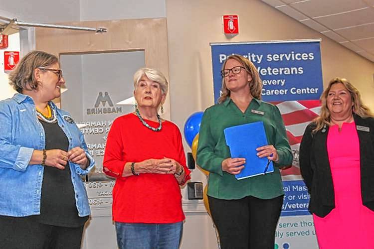Rebecca Bialecki, far right, then the executive director of the MassHire Franklin Hampshire Workforce Board, and MassHire Franklin Hampshire Career Center Executive Director Maura Geary, second from right, listen to then-Greenfield Mayor Roxann Wedegartner, second from left, speak at a grand opening at 101 Munson St. in Greenfield in September 2023 as Northampton Mayor Gina-Louise Sciarra stands at far left. Rebecca Bialecki, far right, then the executive director of the MassHire Franklin Hampshire Workforce Board, and MassHire Franklin Hampshire Career Center Executive Director Maura Geary, second from right, listen to then-Greenfield Mayor Roxann Wedegartner, second from left, speak at a grand opening at 101 Munson St. in Greenfield in September 2023 as Northampton Mayor Gina-Louise Sciarra stands at far left.