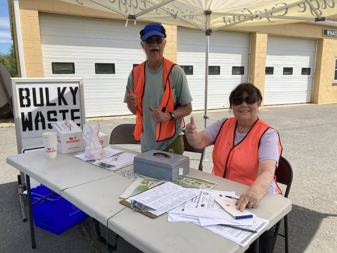 Volunteers Fran Fortino and Linda Talbot staff the check-in table at a previous “Clean Sweep” Bulky Waste Recycling Day in Whately. Volunteers Fran Fortino and Linda Talbot staff the check-in table at a previous “Clean Sweep” Bulky Waste Recycling Day in Whately.