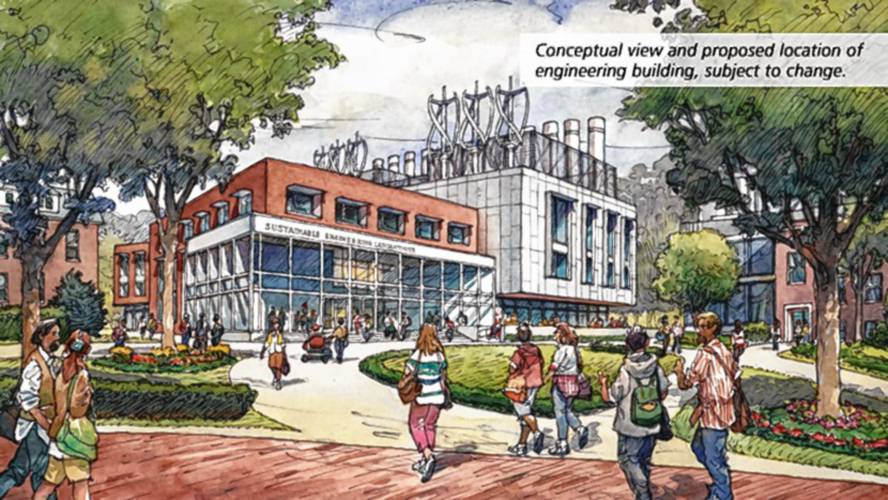 An artist’s conception shows the new Sustainable Engineering Labs at UMass, due to be completed by the summer of 2026, one of the two campus buildings that will be powered by an array of geothermal wells. An artist’s conception shows the new Sustainable Engineering Labs at UMass, due to be completed by the summer of 2026, one of the two campus buildings that will be powered by an array of geothermal wells.