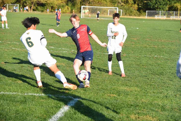Frontier’s TJ Donovan puts a shot on goal against Southwick on Friday at Herlihy Park in Whately. 