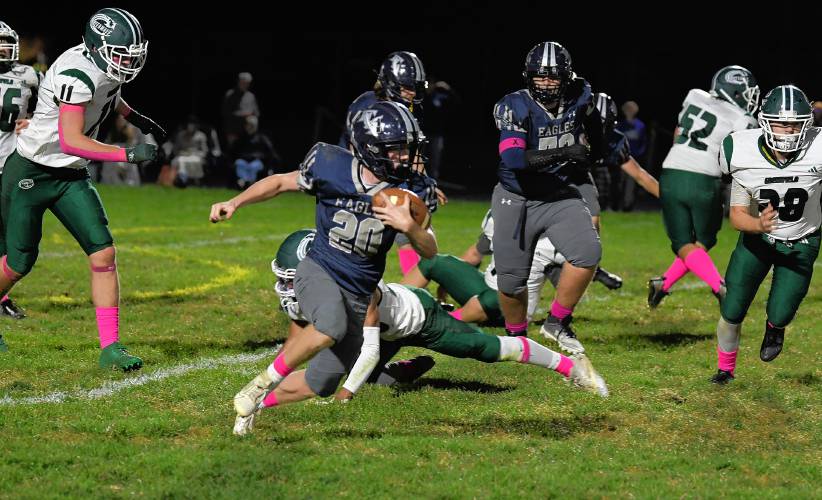 Franklin Tech’s Josiah Little runs the ball against Greenfield last Friday in Turners Falls. The senior running back went over the 1,000 yard mark for the fourth consecutive season in the Eagles’ victory. Franklin Tech’s Josiah Little runs the ball against Greenfield last Friday in Turners Falls. The senior running back went over the 1,000 yard mark for the fourth consecutive season in the Eagles’ victory.