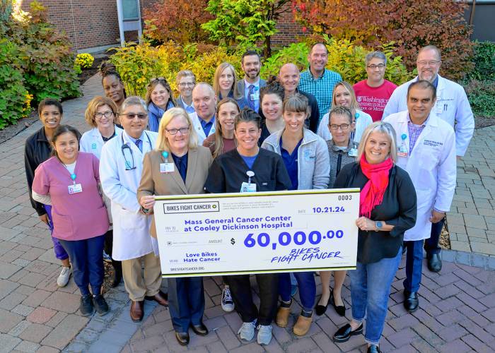 Bikes Fight Cancer presented a $60,000 donation to the Mass General Cancer Center at Cooley Dickinson Hospital last weekend, as the nonprofit organization began distributing some of the funds it has raised throughout the year. Bikes Fight Cancer presented a $60,000 donation to the Mass General Cancer Center at Cooley Dickinson Hospital last weekend, as the nonprofit organization began distributing some of the funds it has raised throughout the year.