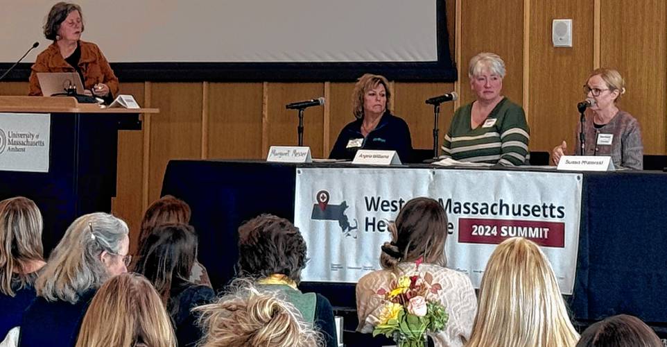 State Sen. Jo Comerford, D-Northampton, moderates a panel on breakthroughs and barriers in senior care at the Western Massachusetts 2024 Healthcare Summit at UMass Amherst on Monday morning with participants Margaret Messer, director of talent acquisition and employee engagement at Integritus Healthcare, Angela Williams, director of nursing at the center for extended care in Amherst and Susan Misiorski, vice president of workforce development at the Massachusetts Senior Care Association. State Sen. Jo Comerford, D-Northampton, moderates a panel on breakthroughs and barriers in senior care at the Western Massachusetts 2024 Healthcare Summit at UMass Amherst on Monday morning with participants Margaret Messer, director of talent acquisition and employee engagement at Integritus Healthcare, Angela Williams, director of nursing at the center for extended care in Amherst and Susan Misiorski, vice president of workforce development at the Massachusetts Senior Care Association.