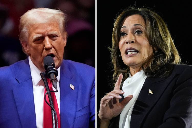 This combination of photos shows Republican presidential candidate former President Donald Trump, left, speaking at a campaign rally at Madison Square Garden, Oct. 27, 2024, in New York, and Democratic presidential nominee Vice President Kamala Harris, right, speaking at a campaign event at the Ellipse near the White House in Washington, Oct. 29, 2024. This combination of photos shows Republican presidential candidate former President Donald Trump, left, speaking at a campaign rally at Madison Square Garden, Oct. 27, 2024, in New York, and Democratic presidential nominee Vice President Kamala Harris, right, speaking at a campaign event at the Ellipse near the White House in Washington, Oct. 29, 2024.