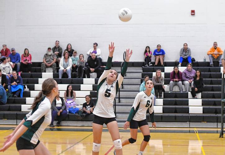 Greenfield’s Amy Mihailicenco sets the ball for Julia Bellville, left, as Mackensie Goncalves looks on against Franklin Tech at Nichols Gymnasium earlier this season. Greenfield’s Amy Mihailicenco sets the ball for Julia Bellville, left, as Mackensie Goncalves looks on against Franklin Tech at Nichols Gymnasium earlier this season.