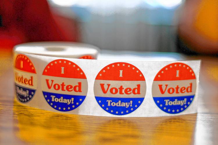 Voting stickers are displayed Sept. 8 at the Bangs Community Center in Amherst during the state primary election. SARAH CROSBY/Gazette Staff Voting stickers are displayed Sept. 8 at the Bangs Community Center in Amherst during the state primary election. SARAH CROSBY/Gazette Staff