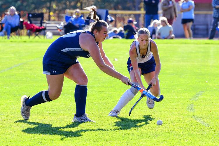 Franklin Tech’s Lilianna Inman, left, battles Frontier’s Macy DeMaio for possession during the host Redhawks’ 6-1 win in the MIAA Division 4 Round of 32 on Friday in South Deerfield.