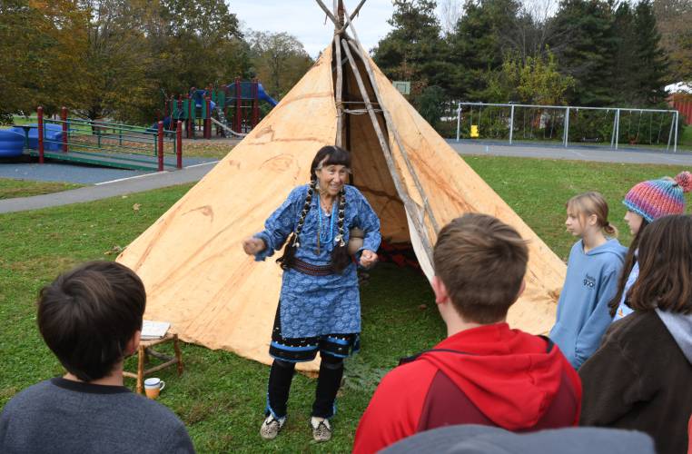 Jennifer Lee, pictured giving an Indigenous history talk to Conway Grammar School students in 2023, will lead a workshop on making Indigenous bark baskets at the Bernardston Senior Center on Monday, Nov. 18. Jennifer Lee, pictured giving an Indigenous history talk to Conway Grammar School students in 2023, will lead a workshop on making Indigenous bark baskets at the Bernardston Senior Center on Monday, Nov. 18.