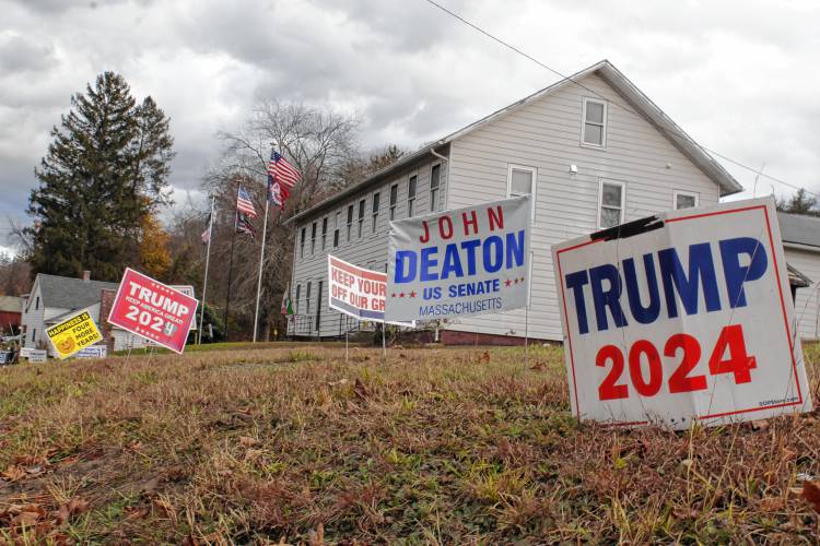 A house in Montague supporting President-elect Donald Trump. While police chiefs in some towns say a spike in stolen or damaged political lawn signs has passed, it continues to pose a problem in other communities. A house in Montague supporting President-elect Donald Trump. While police chiefs in some towns say a spike in stolen or damaged political lawn signs has passed, it continues to pose a problem in other communities.