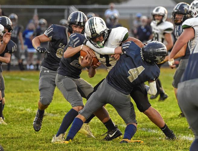 Franklin Tech’s Hunter Donahue (4) helps tackle McCann Tech’s Musa Thompson (7) during season-opening action in Turners Falls earlier this season. Franklin Tech’s Hunter Donahue (4) helps tackle McCann Tech’s Musa Thompson (7) during season-opening action in Turners Falls earlier this season.